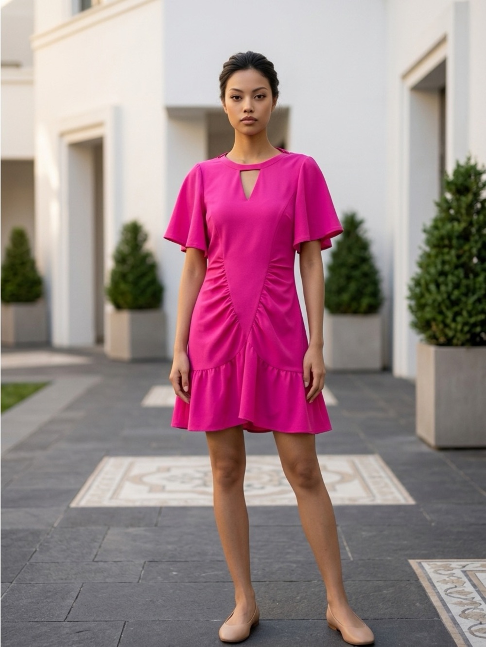 Le Superbe Bright Pink Keyhole Ruffle Hem Mini Dress